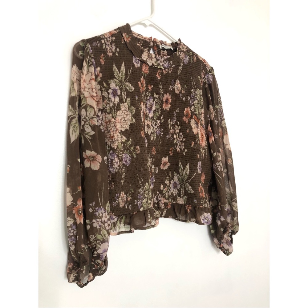 NWOT American Eagle Floral Long Sleeve Puff Mesh Top/Blouse W/ Mock Neckline